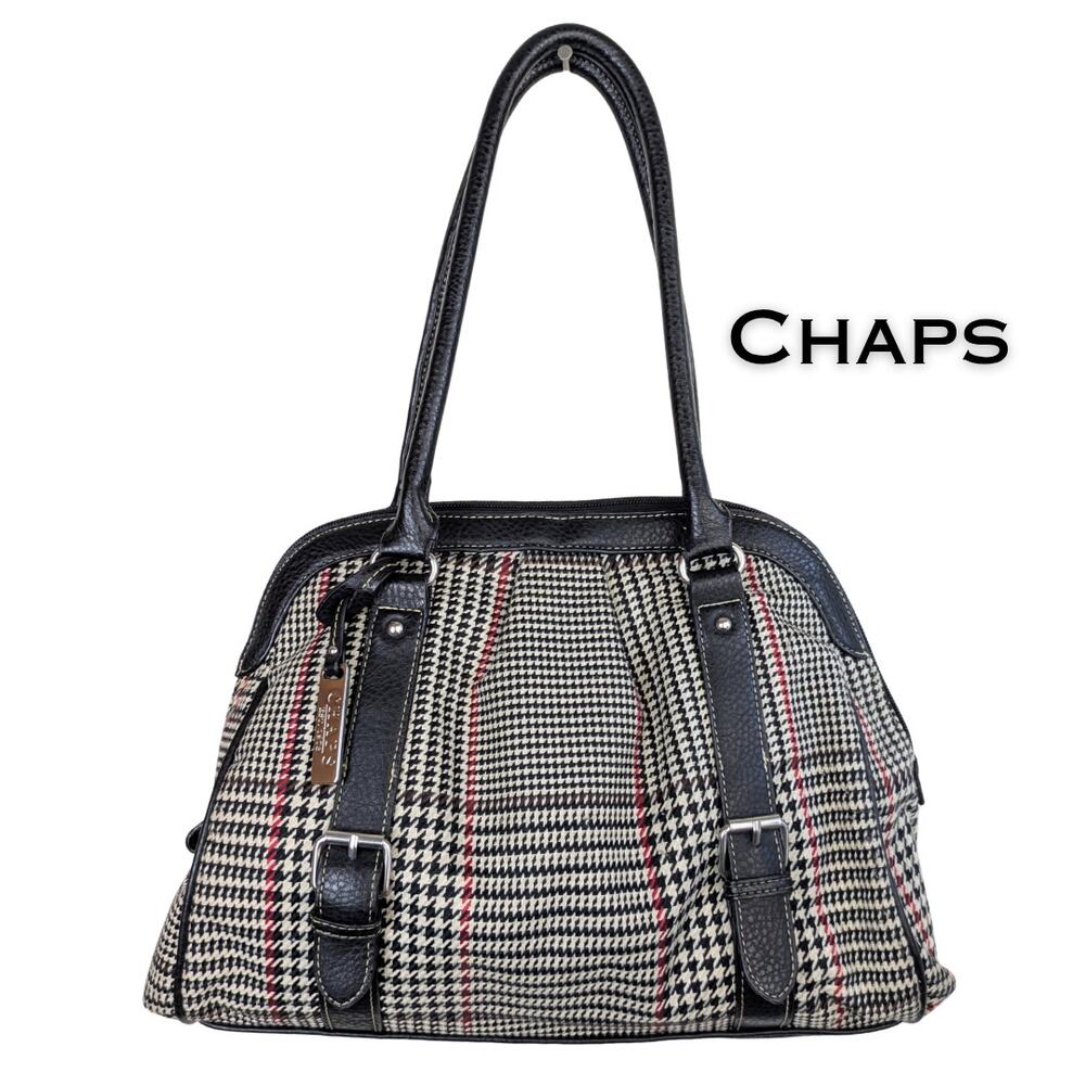Chaps Shoulder Satchel Bag Houndstooth Black White Red Check Plaid Preppy Career